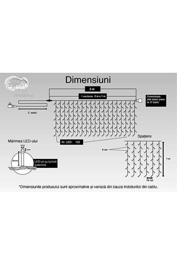 Iluminat de Crăciun, Tip Cortină, IP44, 2 m x 1 m, 120 LED-uri, Alb Rece, cu Bliț, Transformator, În - 7