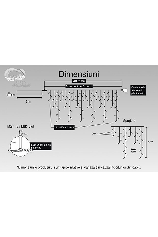 Instalație de Crăciun, 40 m, 1144 LED-uri, Franjuri, Alb Rece, Bliț, Transformator, Interconectabil, 3 - 3