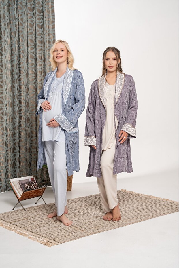 Women's Blue Winter Special Design Maternity Pajama Set 3-Piece Set