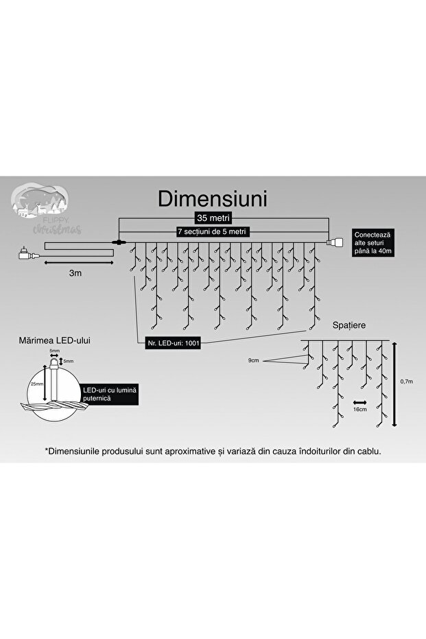 Lumini de Crăciun, 35 m, 1001 LED-uri, franjuri, albastre, intermitent, transformator de la distanță, interconectabile, extensie 3 m - 3