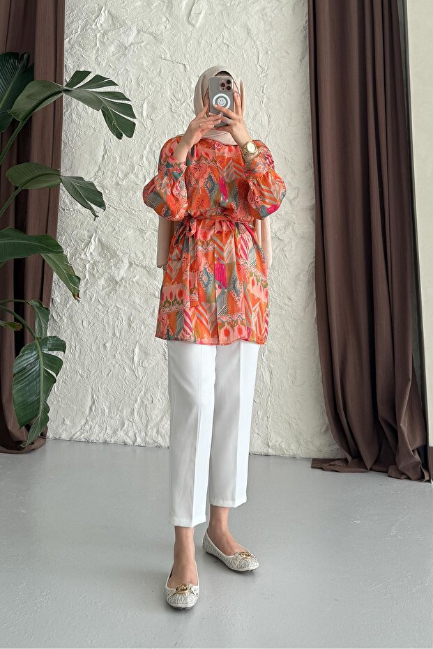 Defne İpek Gömlek Turuncu - 6