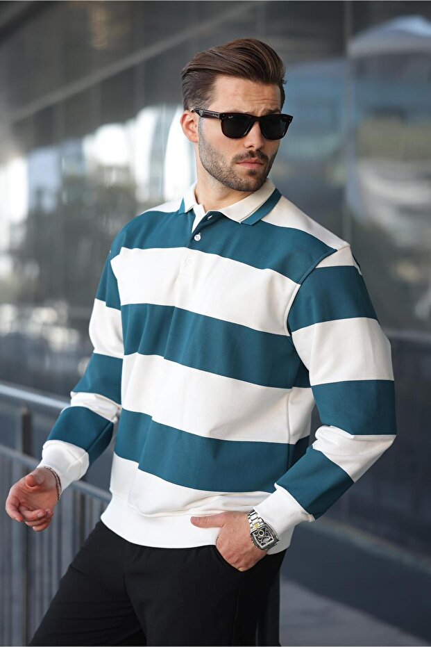 Petrol Blue Striped Polo Neck Men's Sweater E7173
