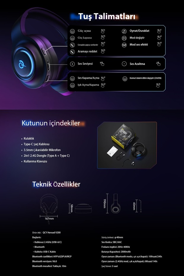 HeroaD V200 RGB 7.1 Kablosuz Gaming Oyuncu Kulaklığı 3 Modlu (BT, 2.4Ghz, Type-C) PC - PS5 - 5