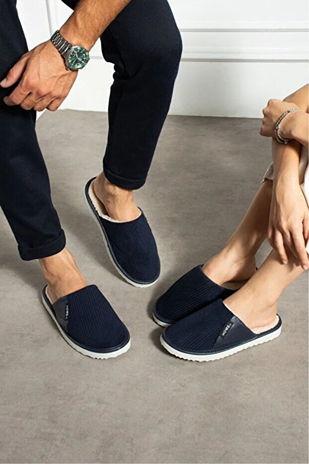 Unisex Couple Combination Velvet Leather Detailed Wool Inside Ribbed Fabric House Slippers Dowry Bundle Slippers