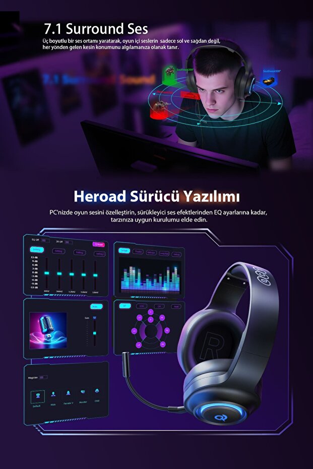 HeroaD V200 RGB 7.1 Kablosuz Gaming Oyuncu Kulaklığı 3 Modlu (BT, 2.4Ghz, Type-C) PC - PS5 - 6