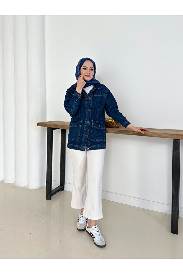 جاكيت من الدنيم مع جيوب وغطاء - 6