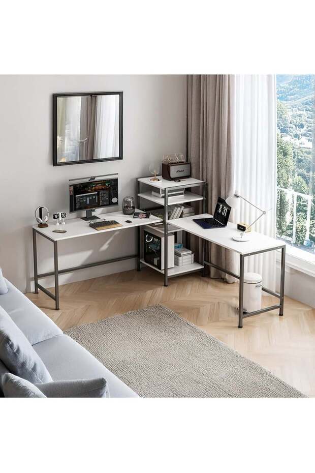 Computer and Gaming Workstation, 3-Way Adjustable Design, Fits 2 People, with Bookshelf and Prin - 1