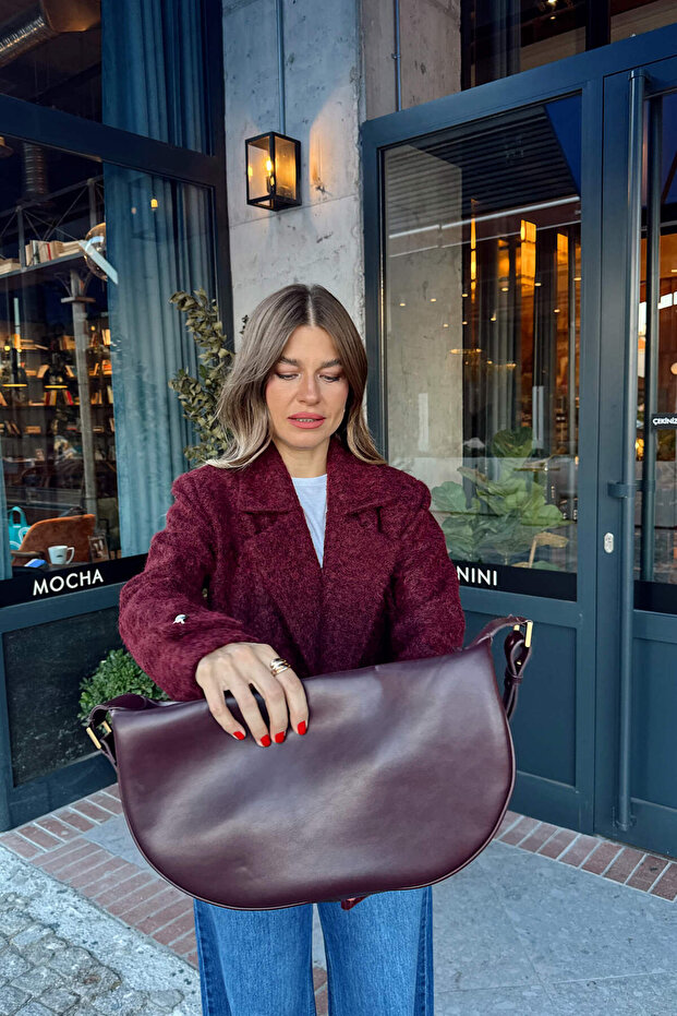 Bordo İnci Düğmeli Astarlı Yün Karışımlı Oversize Ceket - 7