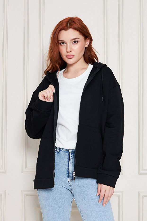 Black Thick Textured Puff 3-Thread Kangaroo Pocket Hooded Zippered Fleece Inside Women's Sweatshirt Cardigan
