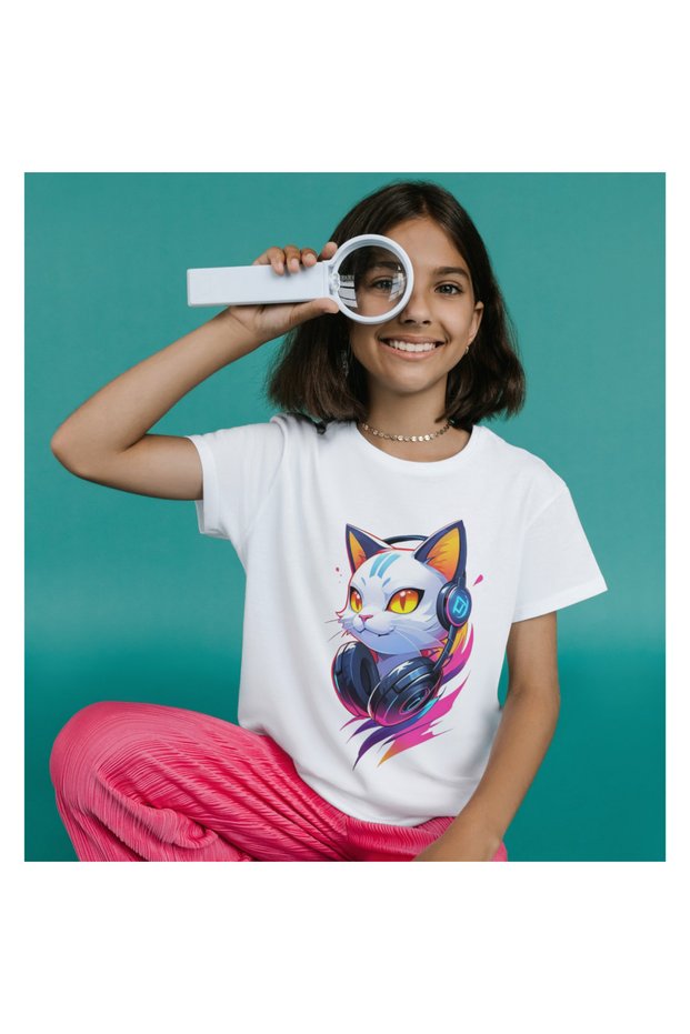 Cat Printed T-Shirt Adult White T-Shirt Cat Unisex Kids T-Shirt