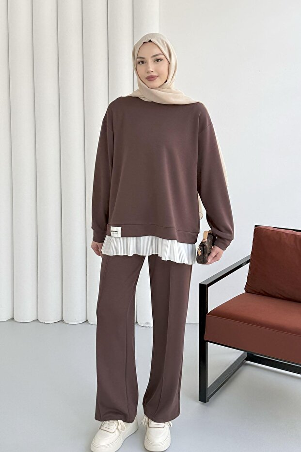 Hijab Suit with Six Pleated Pants-Brown