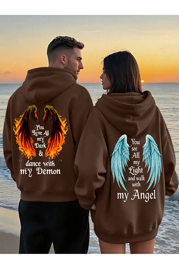 Dear Couple Combination Angel and Demon Wing Printed Special Design Hooded Sweatshirt 2-Piece Set
