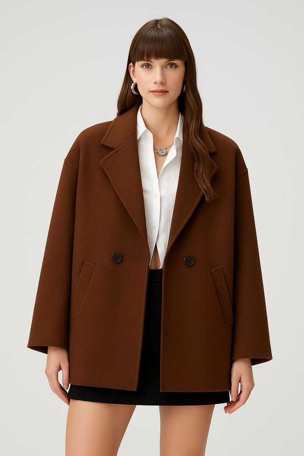 W1-98064 Women's Short Cashmere Coat with Buttons, Brown