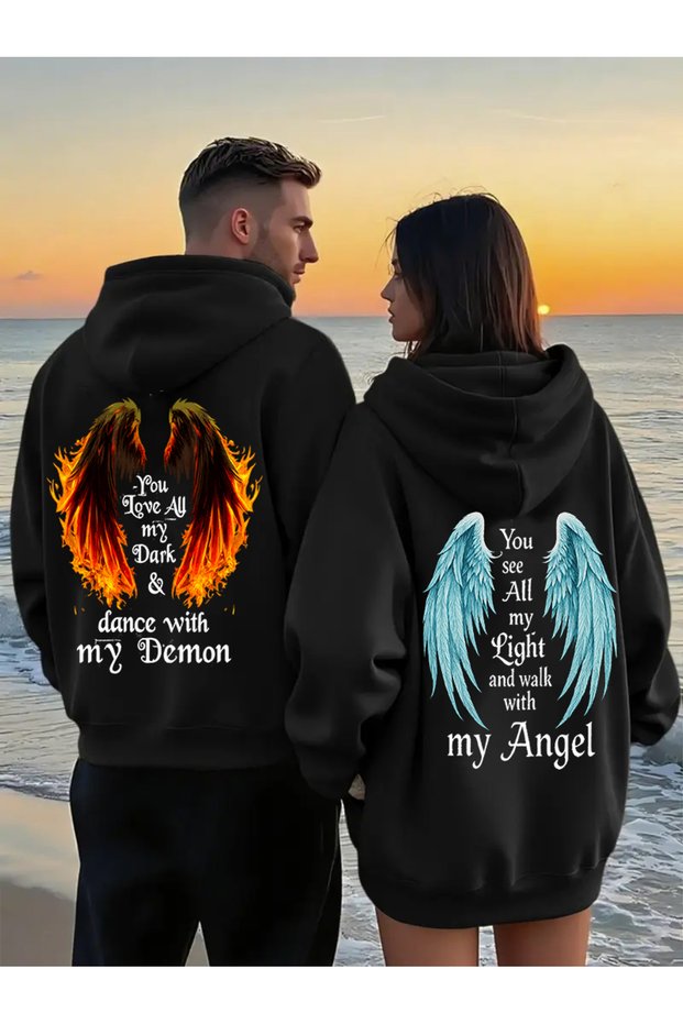 Dear Couple Combination Angel and Demon Wing Printed Special Design Hooded Sweatshirt 2-Piece Set