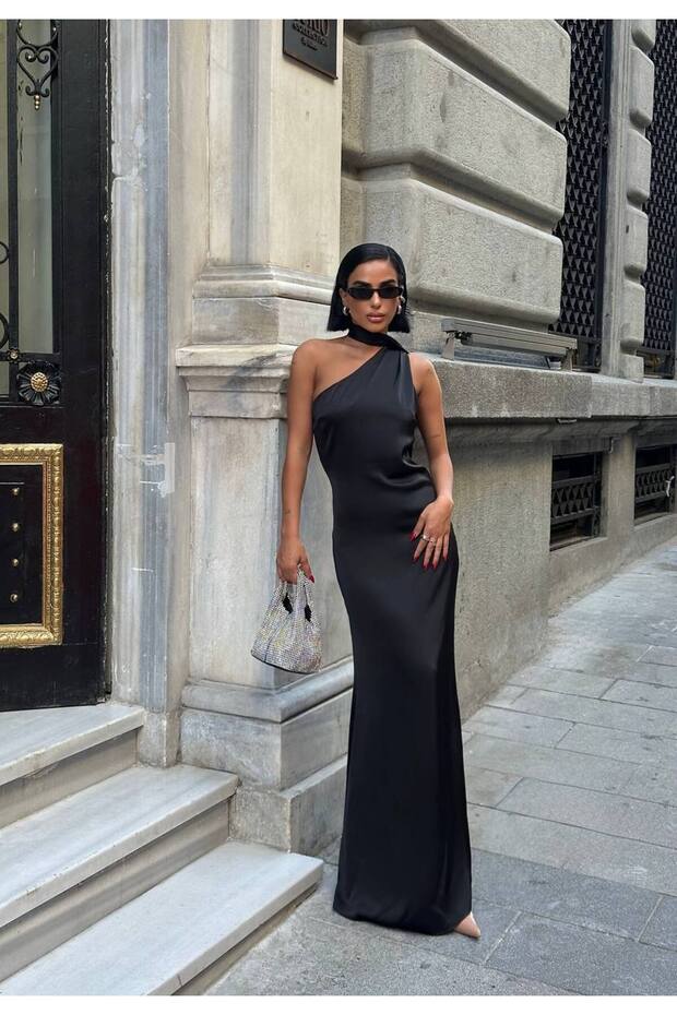 Premium Trend Stylish Scarf-Detail Satin Long Dress