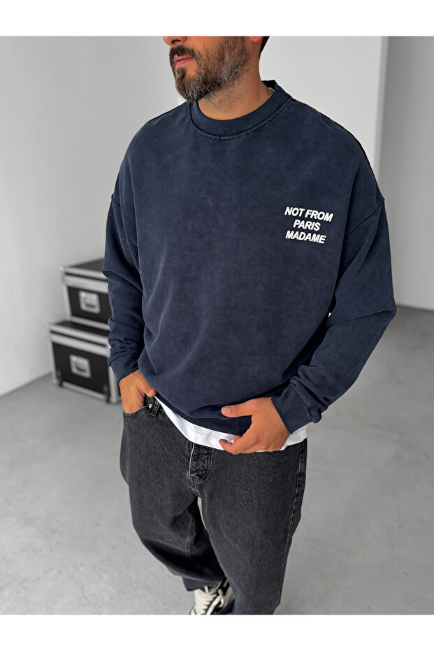 Lacivert Not Baskılı Yıkamalı Sweatshirt HM-0009 - 2