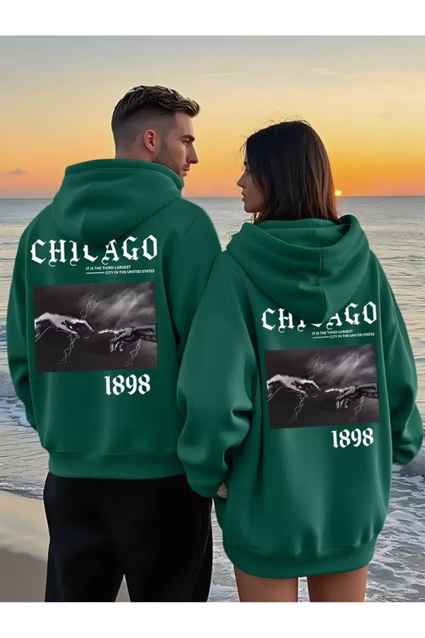 طقم سترة بقلنسوة بتصميم مطبوع عليه عبارة 'Chicago Hands' للأزواج، طقم من قطعتين
