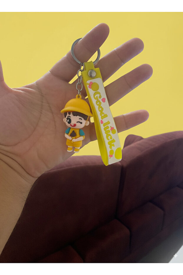 3D Silicone Good Luck Written Yellow Hat Figure Keychain, Bag Ornament