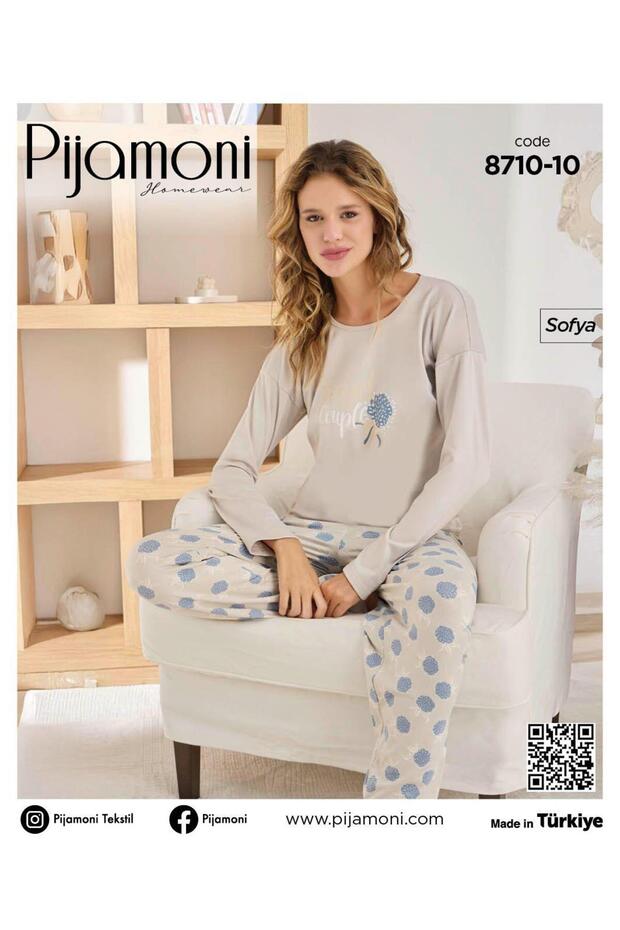 Gray Colored Sofia Fabric Crew Neck Long Sleeve Women's Pajama Set