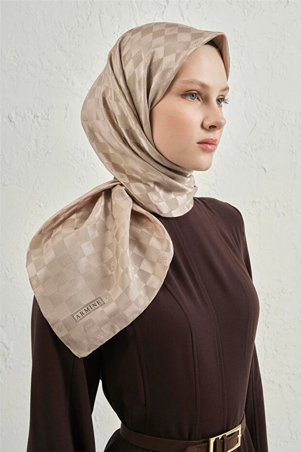 Jakarlı İpek Pamuk Dama Eşarp - 4464 07 - 3