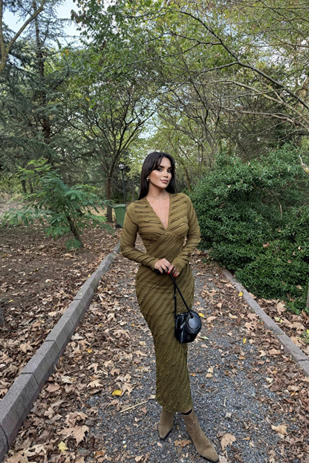 Ters Dikiş V Yaka Uzun Elbise - 1