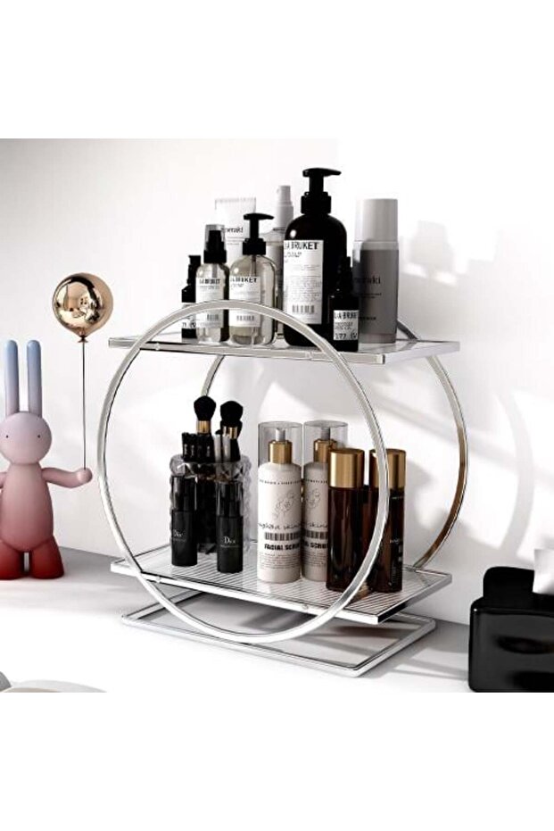 حامل منظم للعطور فضي دائري مزدوج الطبقات