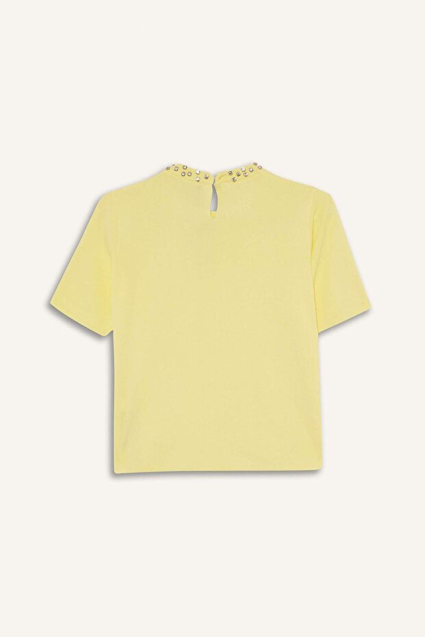 Regular Fit Bisiklet Yaka İşlemeli Krep Kısa Kollu Triko Kazak F7894AX25AU - 3