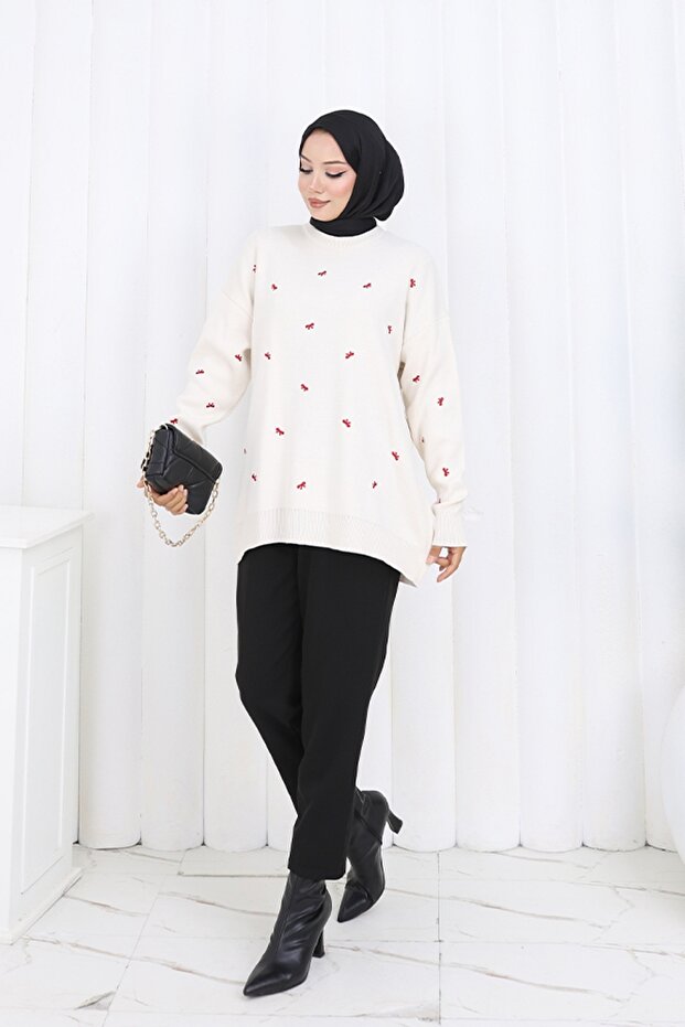 Bow Patterned Knitwear Sweater N3251 Stone Color