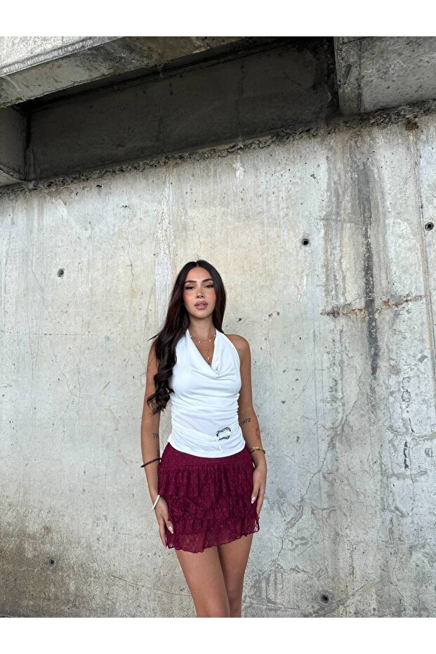 White Color Gathered Side Crop Blouse with Buckle Detail