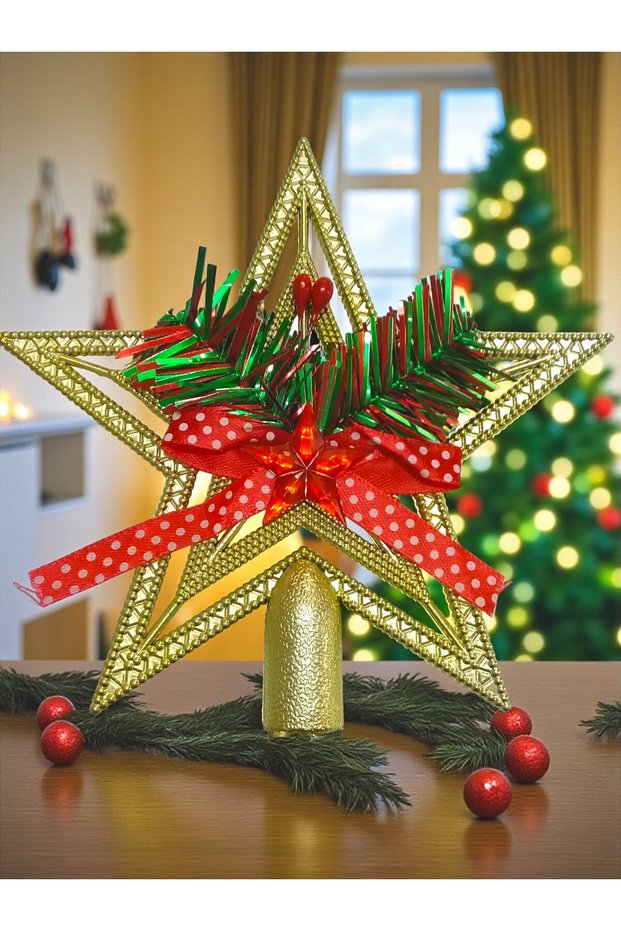 Gold Color Red Green Ribbon and Stone Decorated Christmas Tree Top Star Topper – 14 cm