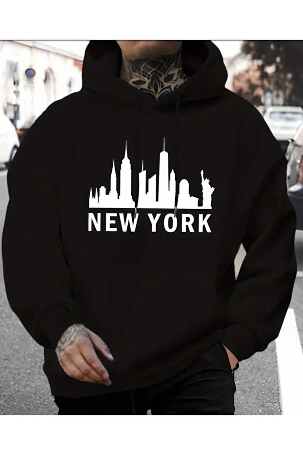 New York Text Detailed Hooded Sweatshirt with Fleece Inside