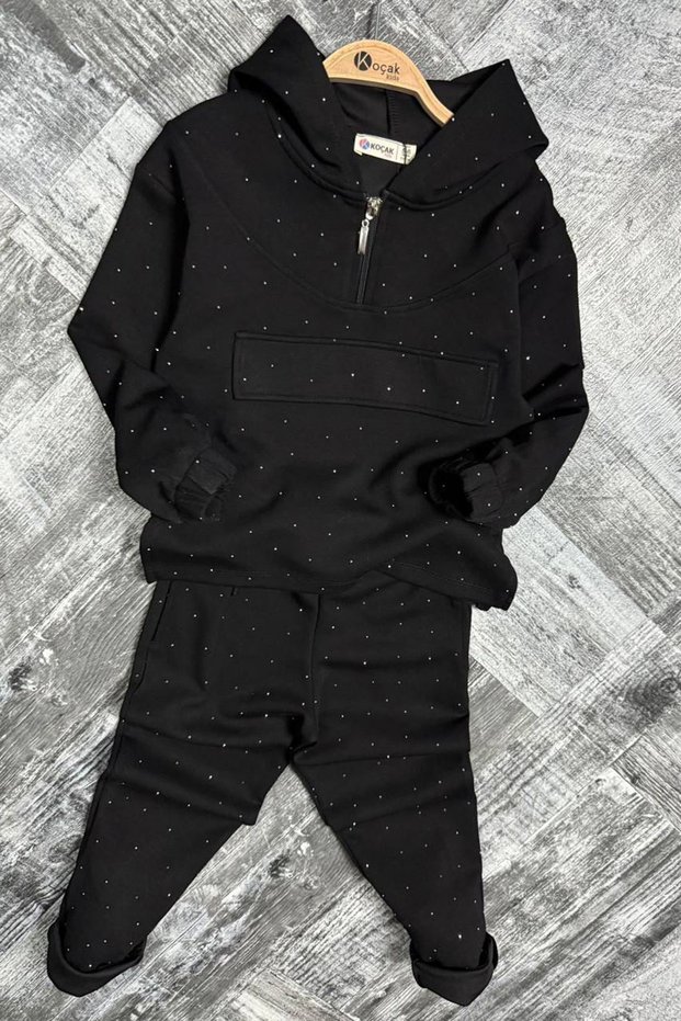 My Little One's Stones Embroidered Hooded Girls' Set - Black