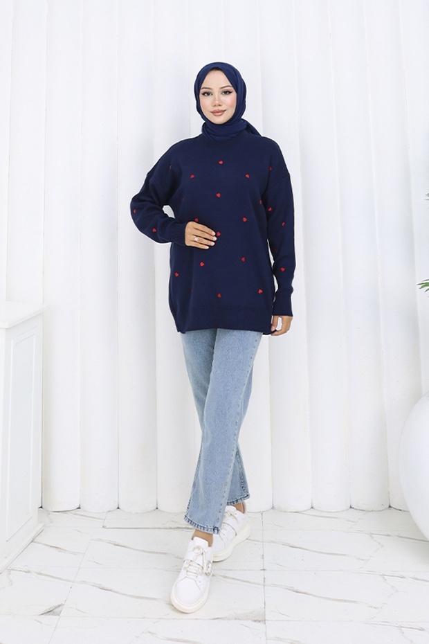 Heart Embroidered Knitwear Sweater N3253 Navy Blue