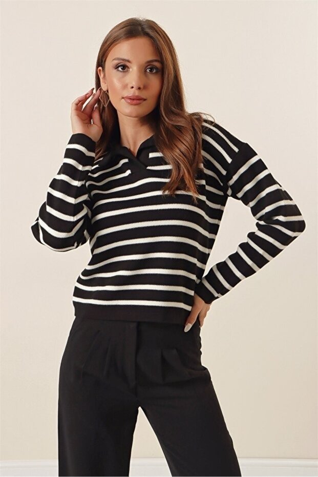 Women's Polo Neck Patterned Trendy Stylish Striped Knitwear Sweater Black/White