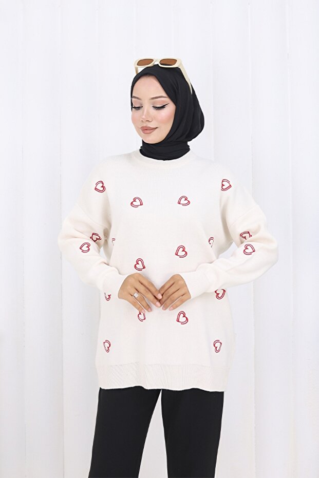 Kalp Nakışlı Triko Kazak N3254 Taş Rengi - 3