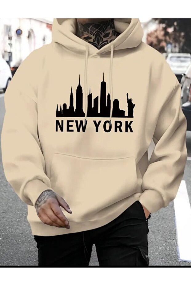 New York Text Detailed Hooded Sweatshirt with Fleece Inside