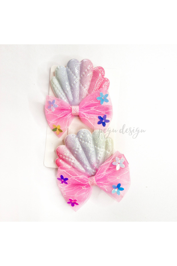 Pink Set of 2 Shiny Sea Shell with Bow School Nursery Children Baby Hair Clip 01