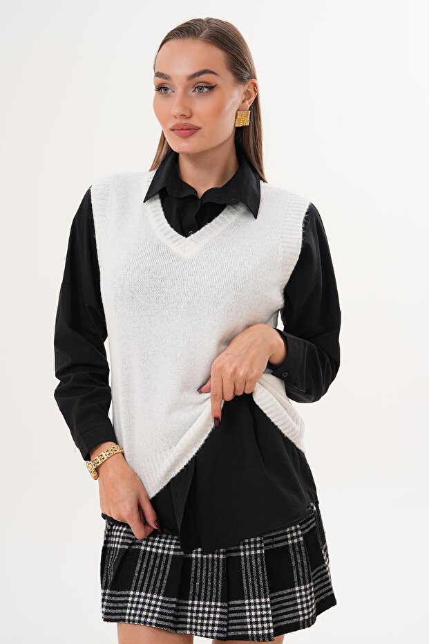 Kadın V Yaka Şardonlu Triko Örme Süveter 255169 - - 1