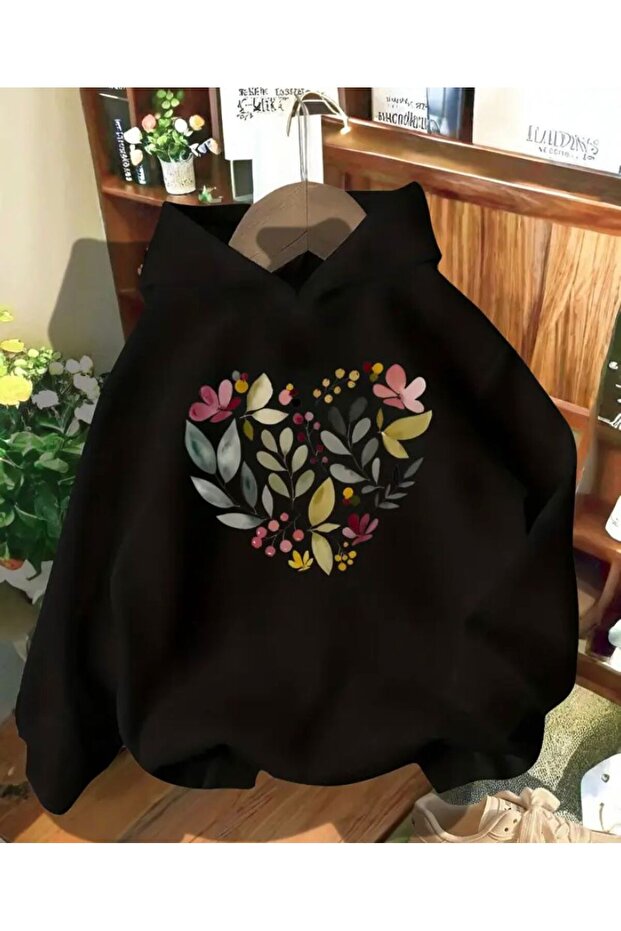 Floral Print Detailed Hooded Sweatshirt with Fleece Inside