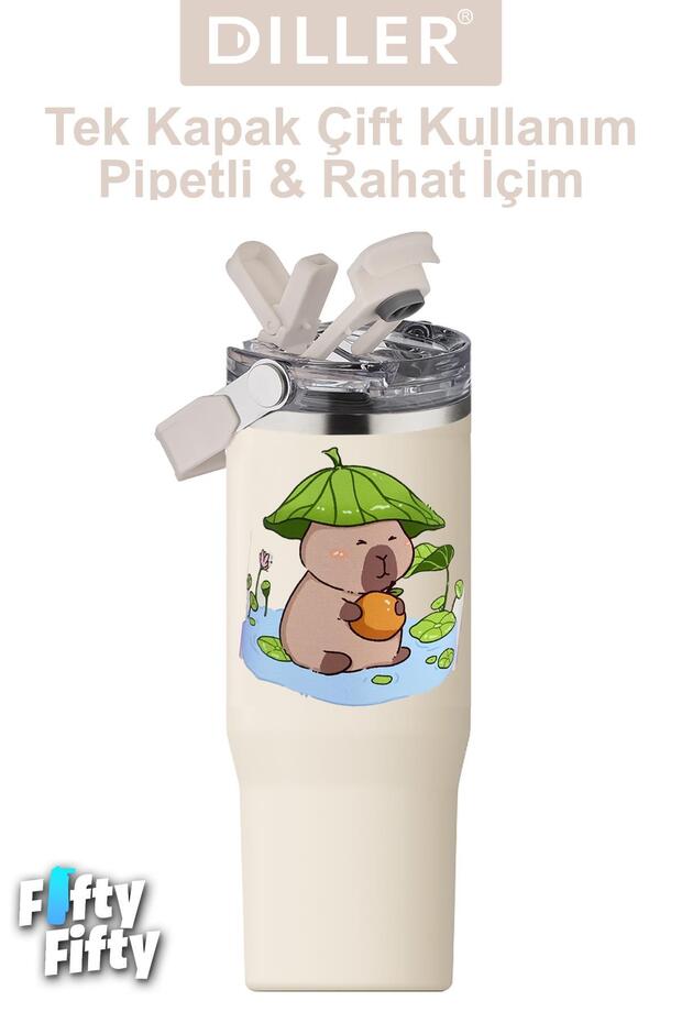 Tumbler 950 ML Tek Kapak Çift Kullanım Pipetli/Pipetsiz Taşıma Kulplu Çelik Termos-FFDILLERD9 - 2