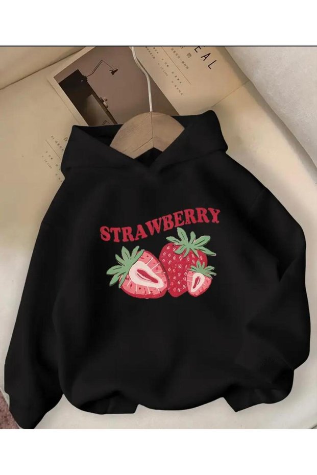 Strawberry Print Detailed Fleece Lined Hooded Sweatshirt