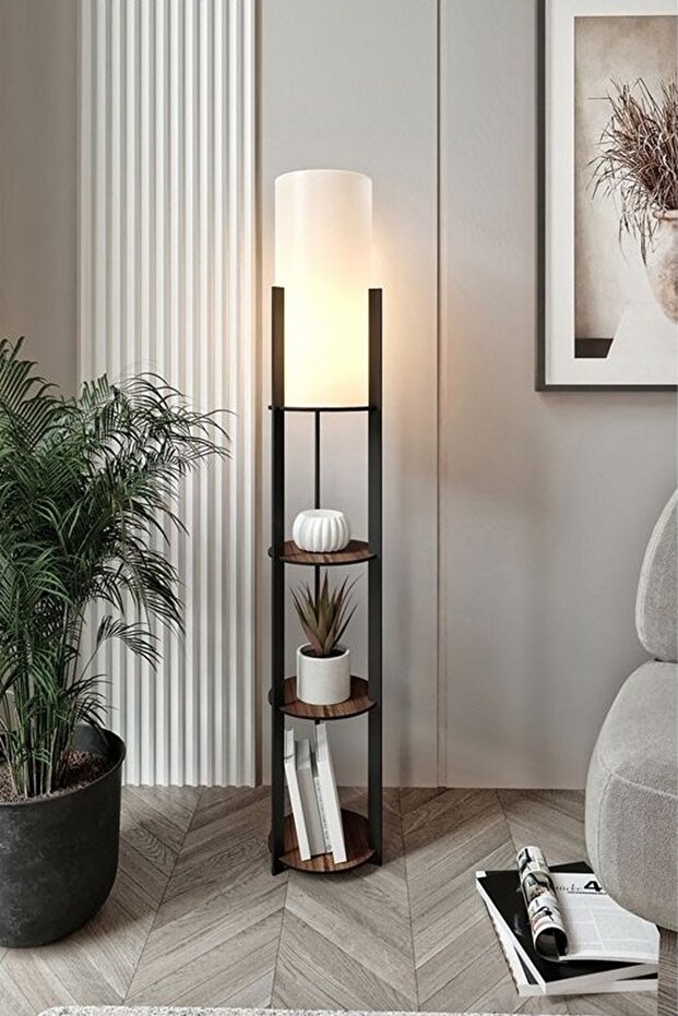 Radiante Yuvarlak Raflı Lambader Ceviz, 1. Sınıf MDF ve PVC Başlık - 1