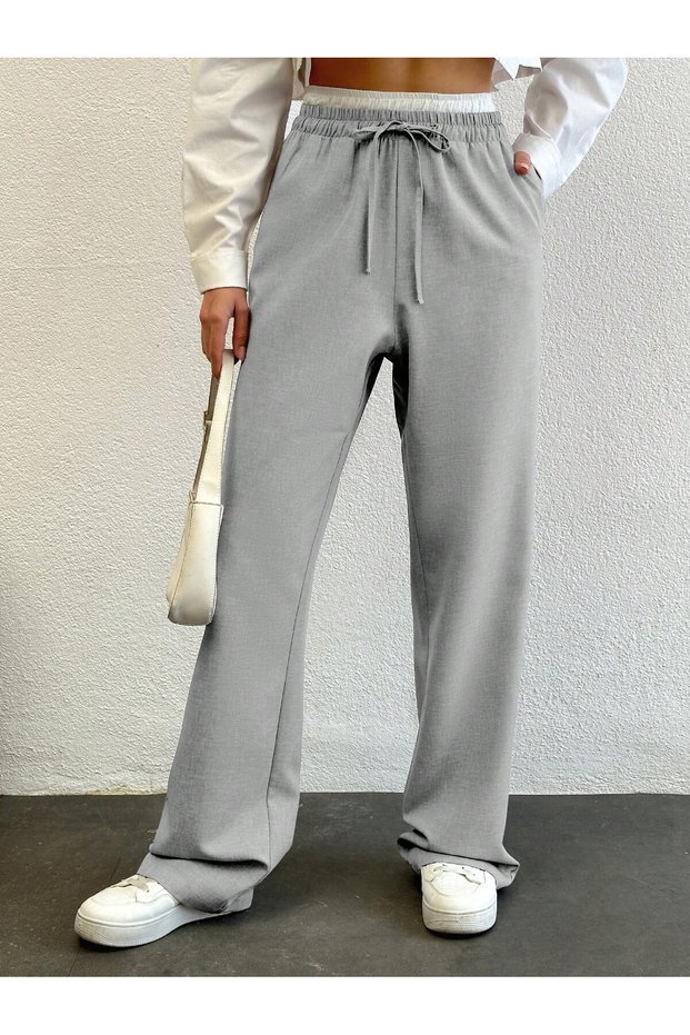 Women's Gray High Waist Lace-Up Loose Fit Palazzo Jogger Basic Sports Pants