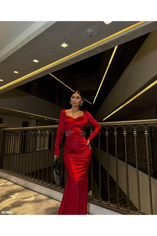 Long Sleeve Stone Detail Glitter Velvet Evening Dress 583084 Red