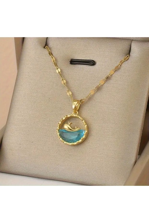 Steel Gold Color Ocean Style Zircon Stone Blue Whale Necklace
