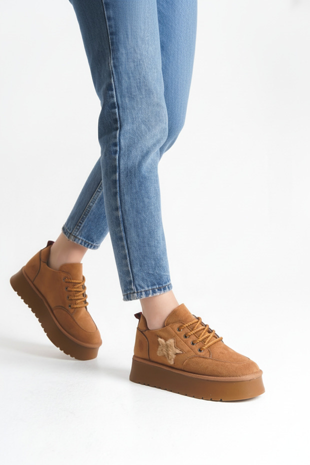 Kadın Halat Bağcıklı Süet Yıldız Detaylı Kalın Taban Bot & Bootie - 2