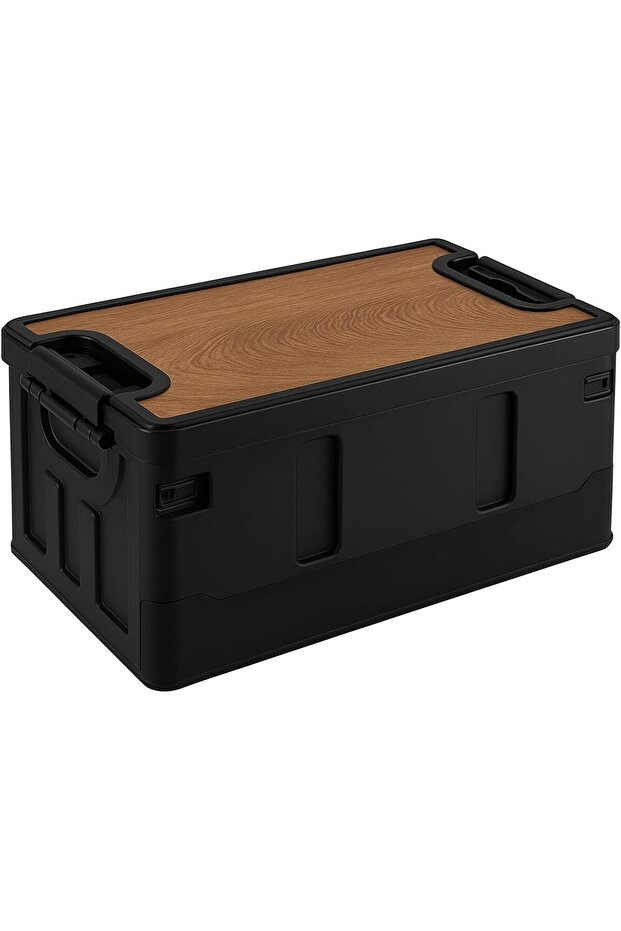 AUTO FAMILY Premium Camping Plastic Storage Box with Wooden Lids 35L, Storage Containers-Black