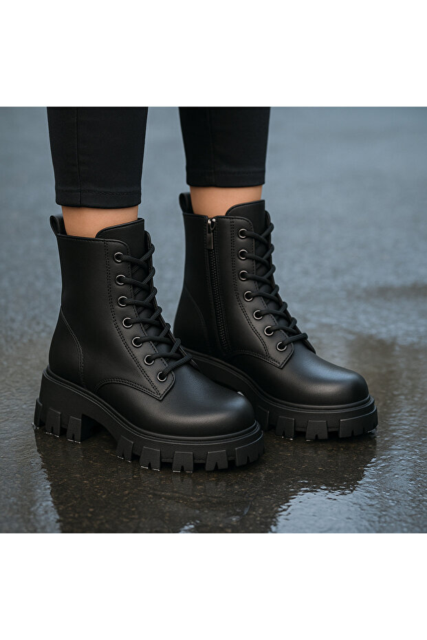 Siyah Kadın Fermuarlı Postal Bot - 2