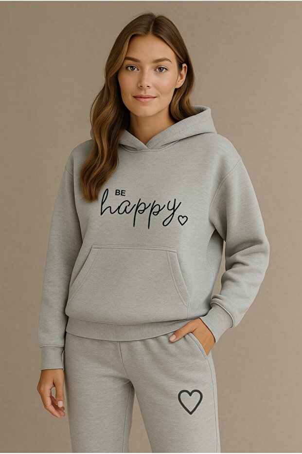 Be Happy Printed Unisex Women/Men Hooded Oversize Bottom/Top Tracksuit Set