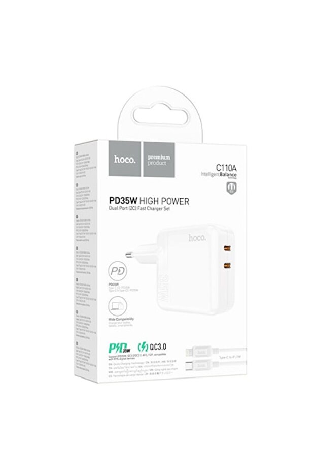 Încărcător de rețea + cablu Lightning, 35W, 2xUSB-C, PD, ALB - 1